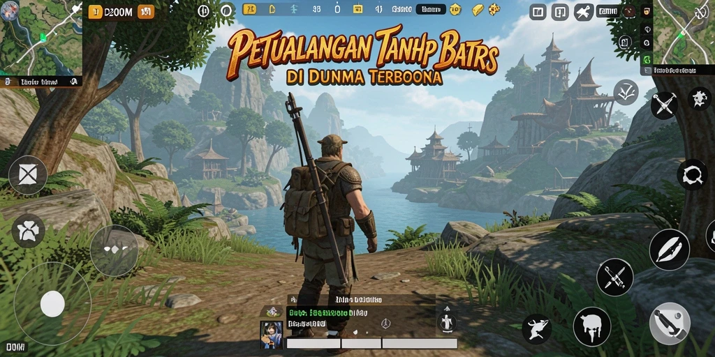 Screenshot gameplay D200M yang menunjukkan petualangan di dunia terbuka.