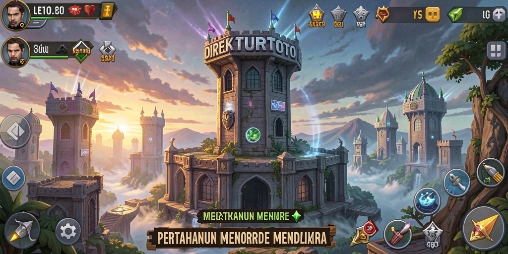 Screenshot gameplay menunjukkan pertahanan menara yang strategis dan musuh yang menyerang.
