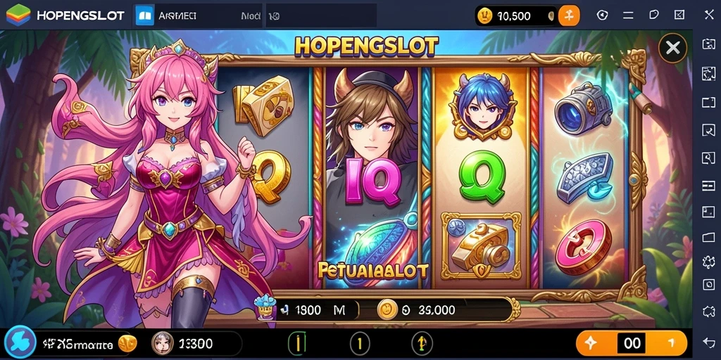 Tampilan gameplay HOPENGSLOT dengan karakter anime dan slot yang menarik.