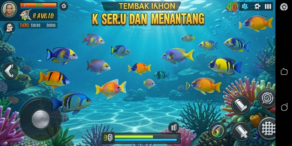 Screenshot utama menunjukkan aksi seru menembak ikan dalam KAKRP.