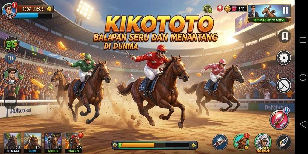 Tampilan gameplay seru dalam KIKOTOTO dengan mobil balap di trek.