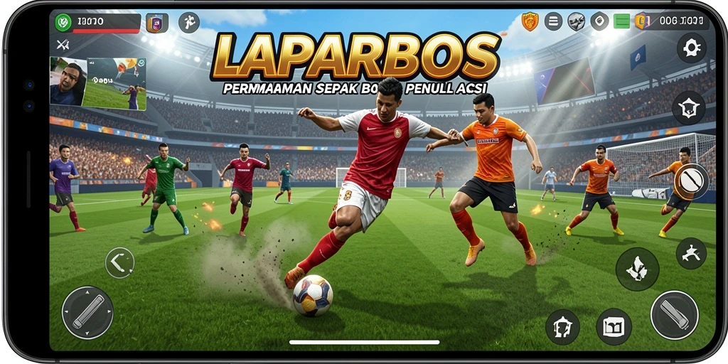 Screenshot gameplay LAPARBOS yang penuh aksi sepak bola.