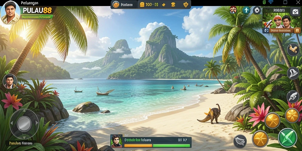 Screenshot gameplay <strong>PULAU88</strong> menampilkan pulau tropis yang indah dan interaksi karakter.