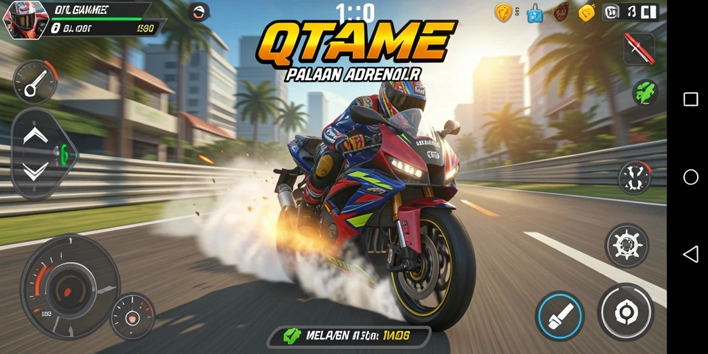 Screenshot gameplay QTGAME menampilkan balapan motor yang mendebarkan.