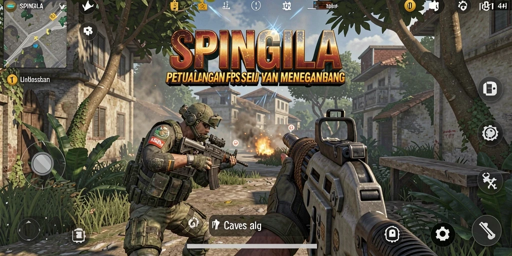 Screenshot menunjukkan aksi tembak-menembak intens SPINGILA dalam mode multiplayer.