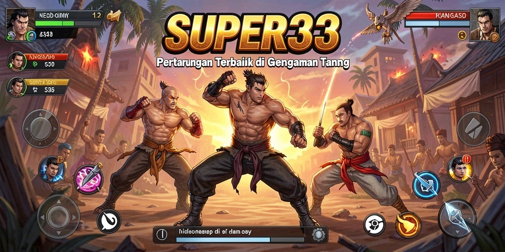 Tampilan gameplay SUPER33 dengan karakter pertarungan yang kuat.
