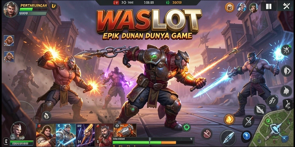 Screenshot utama WASLOT menampilkan aksi pertarungan yang intens.